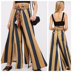 Free People Size S Marjorie Pant Wide Leg Front Slit Oversized Stripe Brown Navy